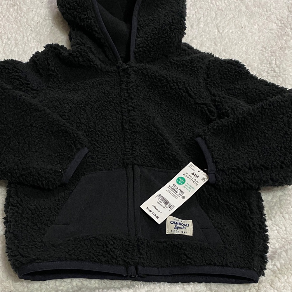 OshKosh B'gosh Black Fleece jacket coat w/ hood and front pockets Soft warm NWT